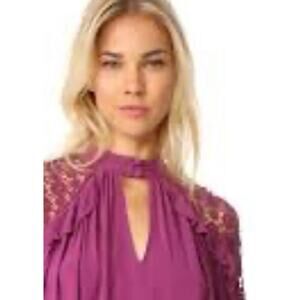Free People Crochet Boho Plum Ruffle Short-Sleeve Blouse - Size Large